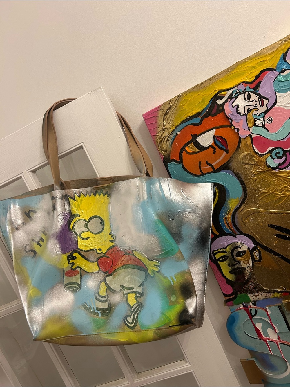 Hand-Painted Bart Simpson Graffiti Tote — Beige with Yellow & Red Artwork